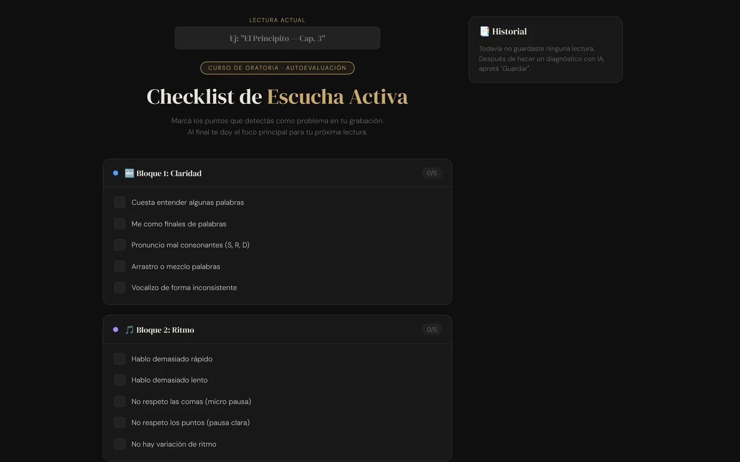Captura desktop de la app Checklist de Oratoria