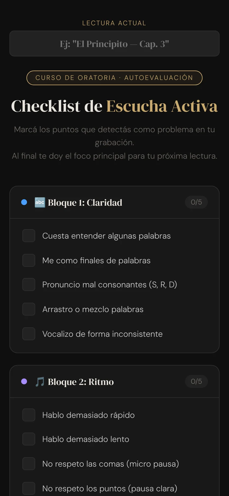 Captura mobile de la app Checklist de Oratoria